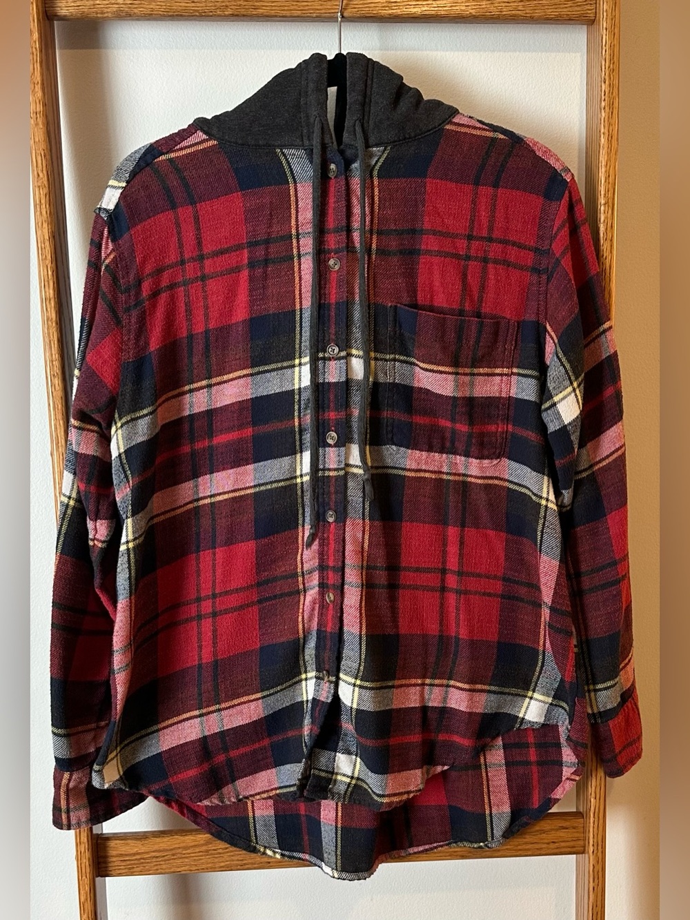 American Eagle Outfitters Red and Navy Blue Plaid Hooded Flannel Shirt